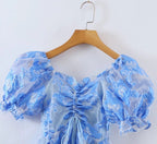 Gilded Embroidery Blue Flower Bubble Sleeve Chest Drawstring Princess Dress Sheer Yvonne