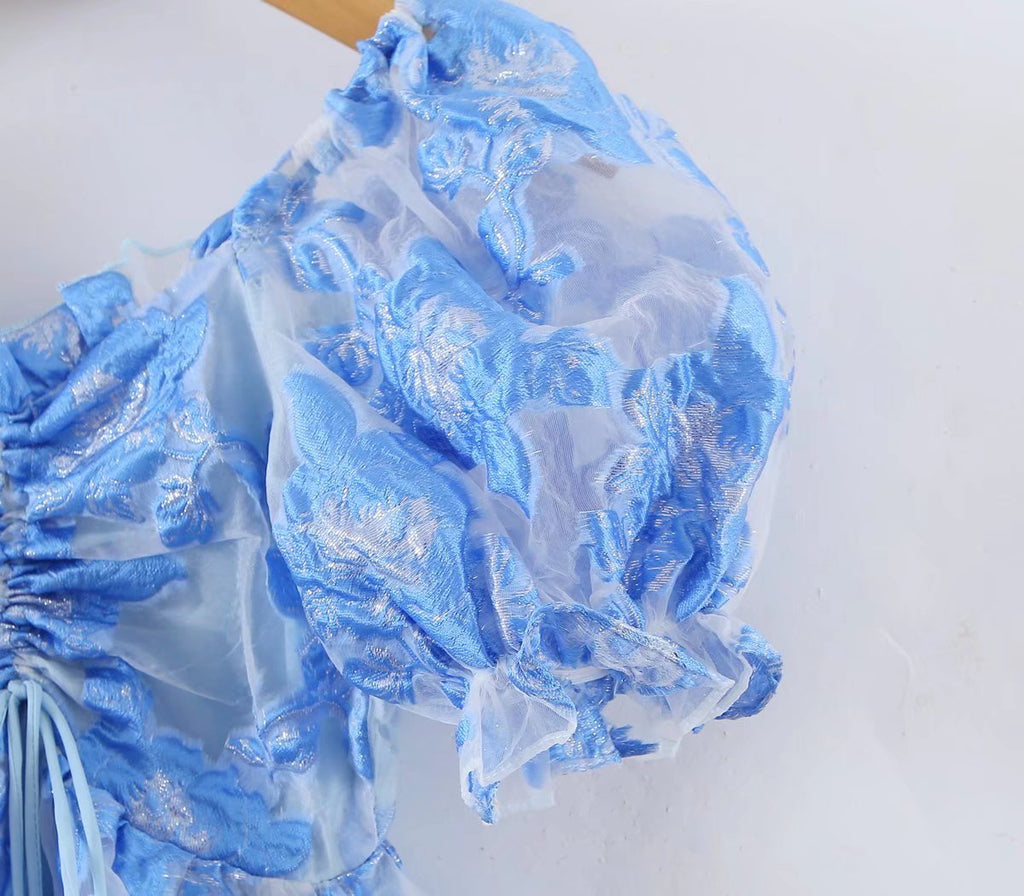 Gilded Embroidery Blue Flower Bubble Sleeve Chest Drawstring Princess Dress Sheer Yvonne