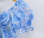 Gilded Embroidery Blue Flower Bubble Sleeve Chest Drawstring Princess Dress Sheer Yvonne