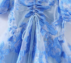 Gilded Embroidery Blue Flower Bubble Sleeve Chest Drawstring Princess Dress Sheer Yvonne
