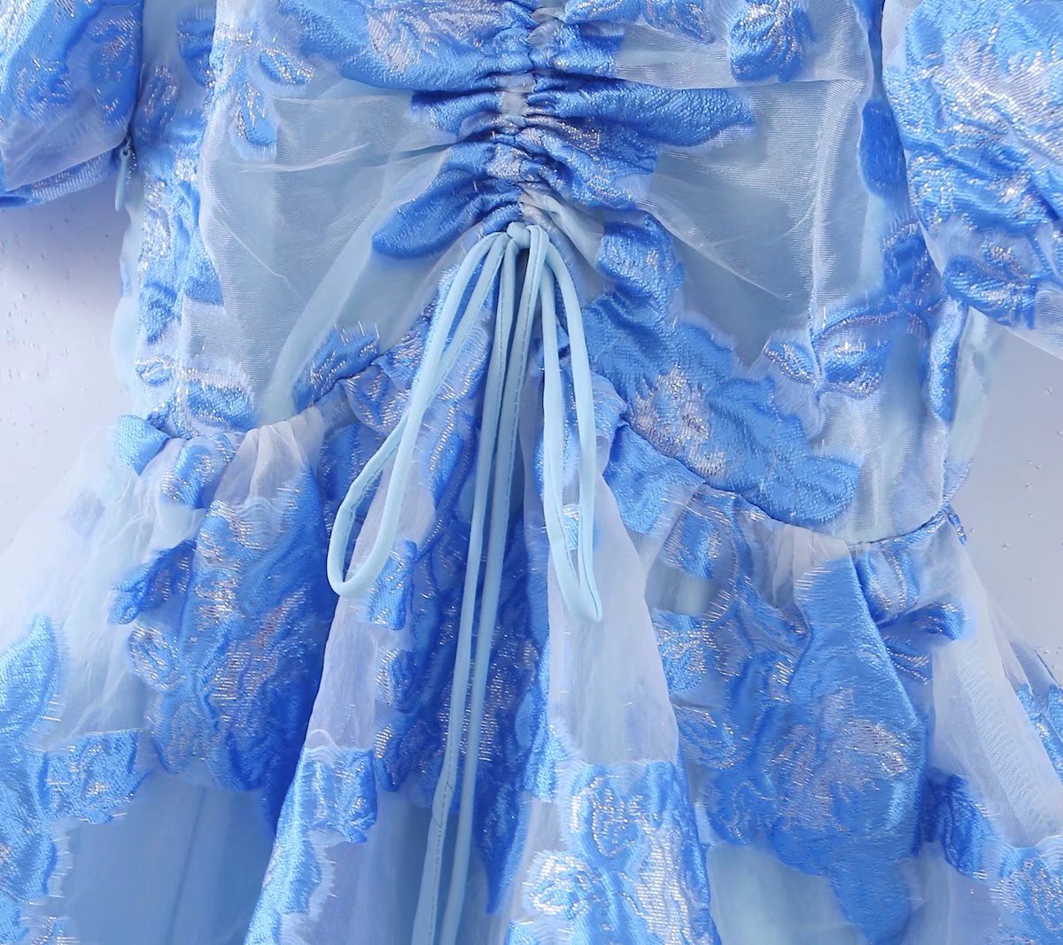 Gilded Embroidery Blue Flower Bubble Sleeve Chest Drawstring Princess Dress Sheer Yvonne
