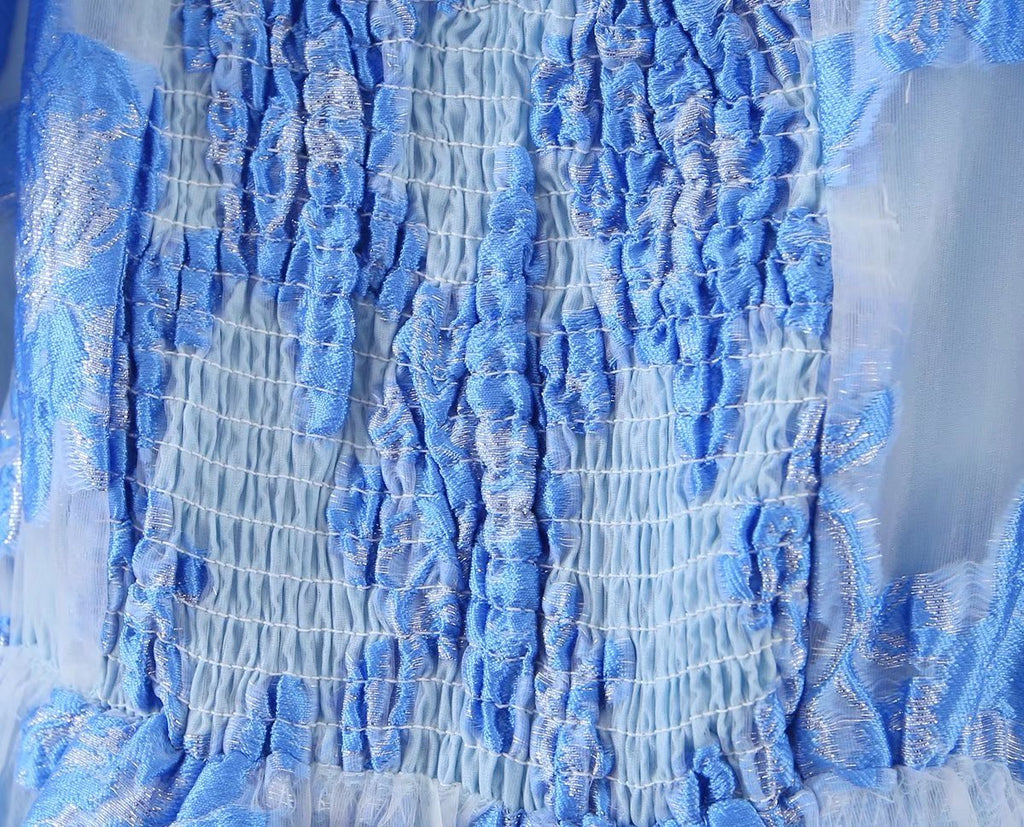 Gilded Embroidery Blue Flower Bubble Sleeve Chest Drawstring Princess Dress Sheer Yvonne