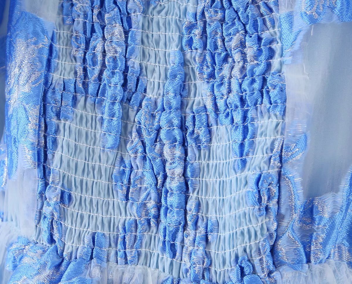 Gilded Embroidery Blue Flower Bubble Sleeve Chest Drawstring Princess Dress Sheer Yvonne