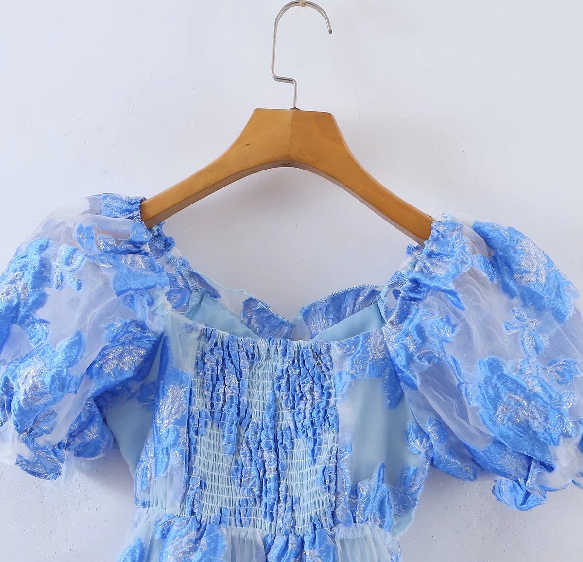 Gilded Embroidery Blue Flower Bubble Sleeve Chest Drawstring Princess Dress Sheer Yvonne