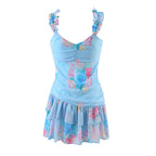 Wooden Ear Floral Print Pleated Ruffled Spaghetti Straps Dress Short Summer Women Clothing Yvonne