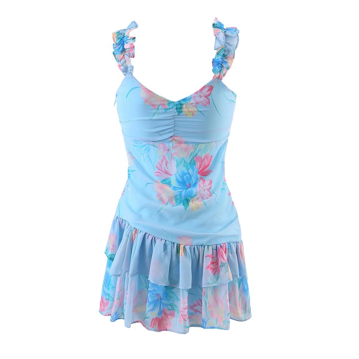 Wooden Ear Floral Print Pleated Ruffled Spaghetti Straps Dress Short Summer Women Clothing Yvonne