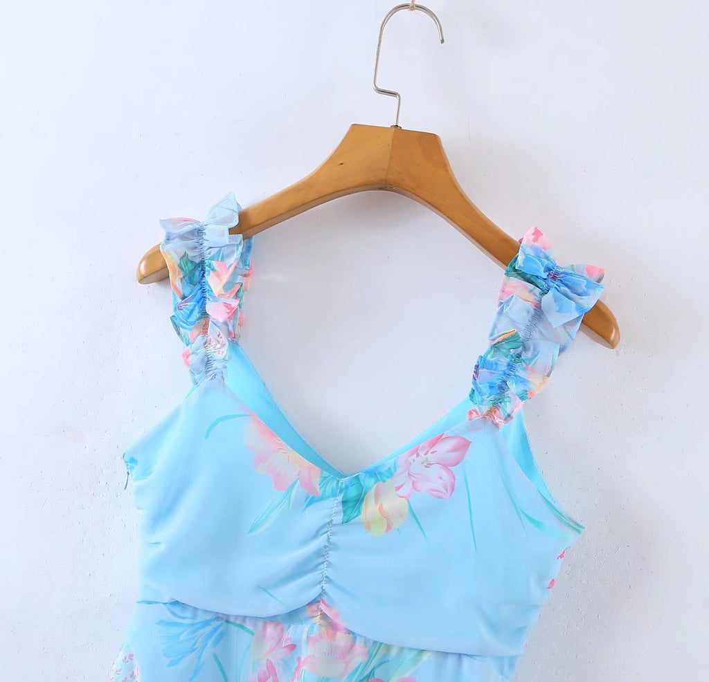 Wooden Ear Floral Print Pleated Ruffled Spaghetti Straps Dress Short Summer Women Clothing Yvonne