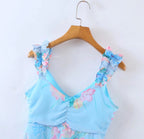 Wooden Ear Floral Print Pleated Ruffled Spaghetti Straps Dress Short Summer Women Clothing Yvonne