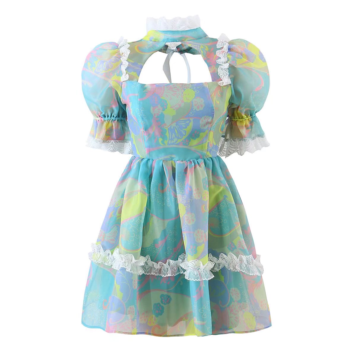 Sweet Fungus Lace Princess Dress Hollow Out Cutout Backless Girl Dress Spring Summer Cashew Print Dress Sheer Yvonne