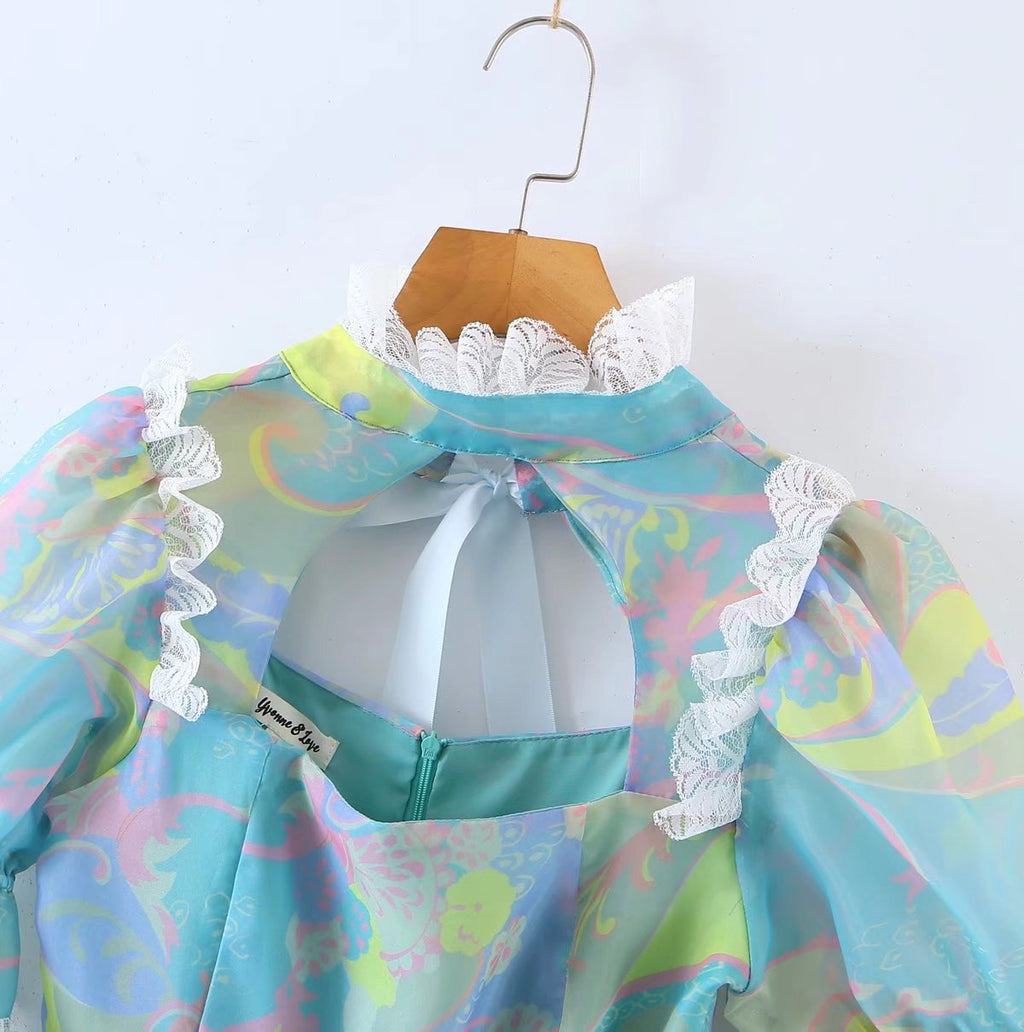 Sweet Fungus Lace Princess Dress Hollow Out Cutout Backless Girl Dress Spring Summer Cashew Print Dress Sheer Yvonne