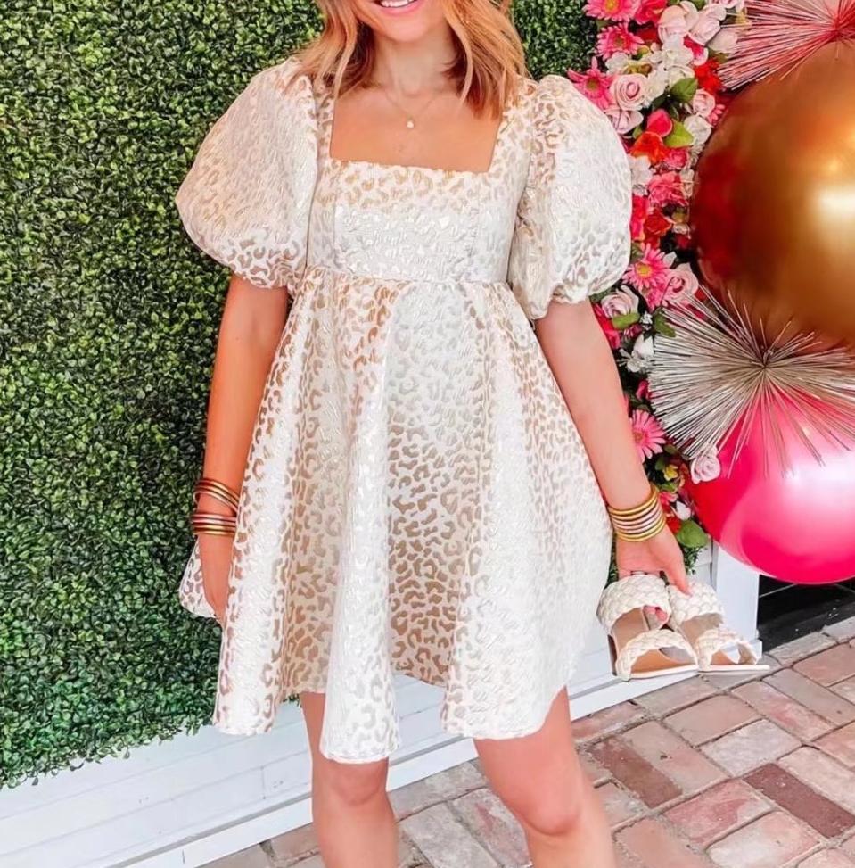 Summer Fresh Square Collar Puff Sleeve Printed High Waist A- line Dress for Women Yvonne