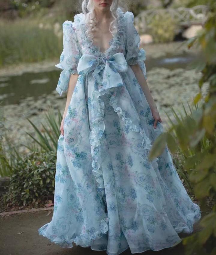 Floral Print Dress Bubble Sleeve Retro Princess Dress Spring Summer Wooden Ear Large Swing Women Dress Sheer Yvonne