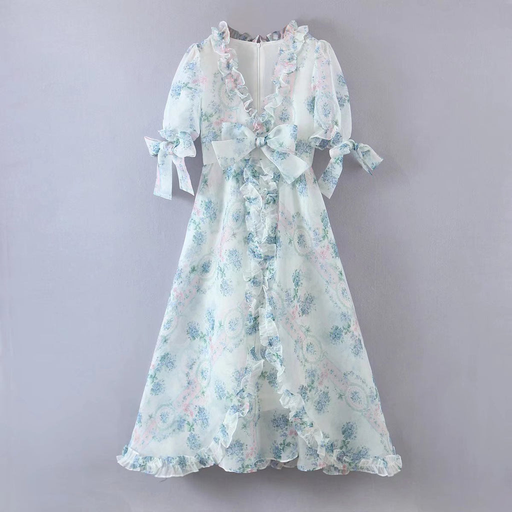 Floral Print Dress Bubble Sleeve Retro Princess Dress Spring Summer Wooden Ear Large Swing Women Dress Sheer Yvonne