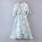 Floral Print Dress Bubble Sleeve Retro Princess Dress Spring Summer Wooden Ear Large Swing Women Dress Sheer Yvonne
