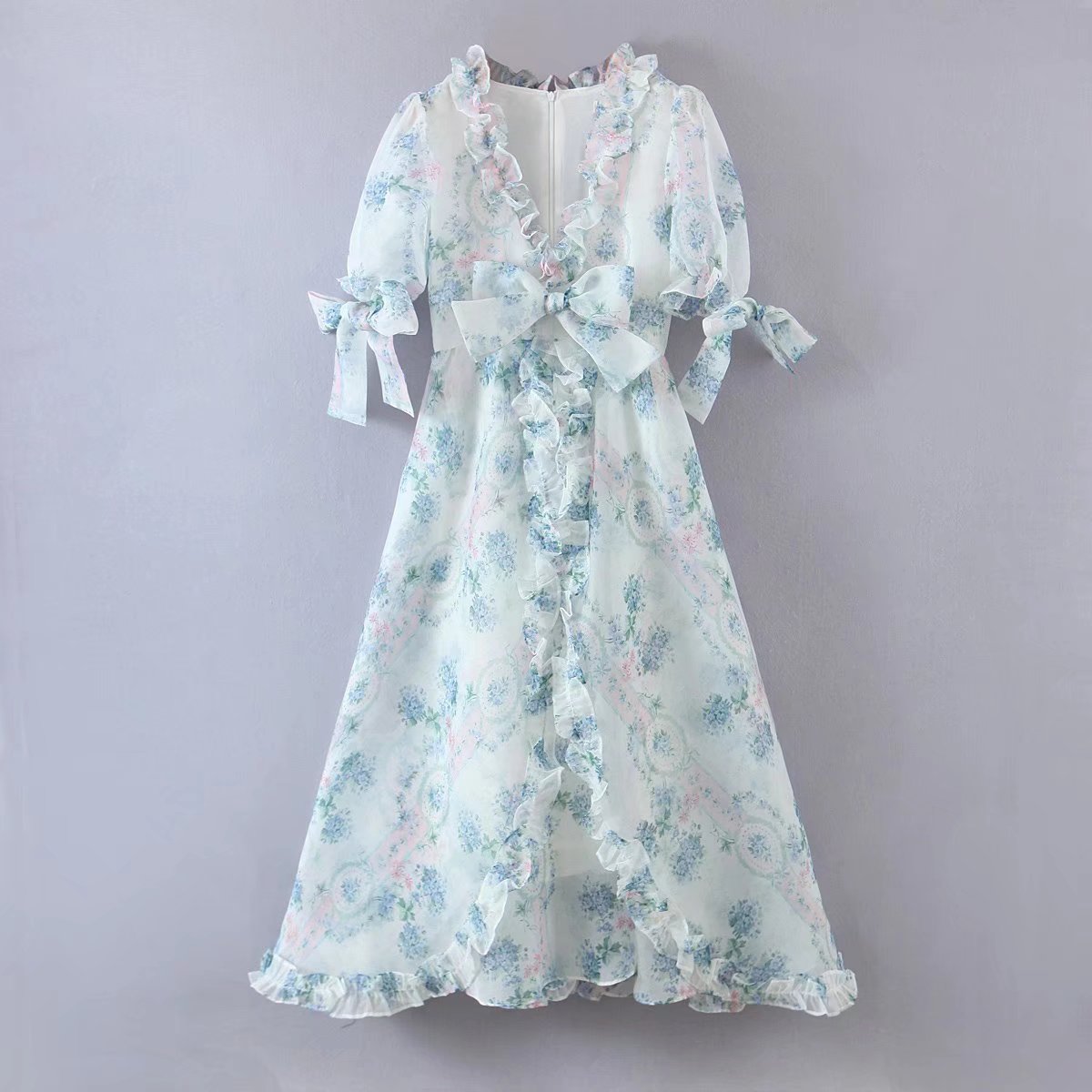 Floral Print Dress Bubble Sleeve Retro Princess Dress Spring Summer Wooden Ear Large Swing Women Dress Sheer Yvonne