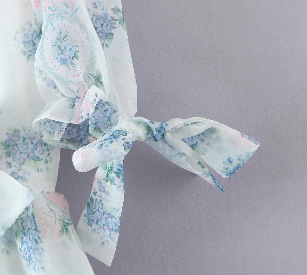 Floral Print Dress Bubble Sleeve Retro Princess Dress Spring Summer Wooden Ear Large Swing Women Dress Sheer Yvonne