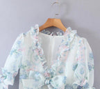 Floral Print Dress Bubble Sleeve Retro Princess Dress Spring Summer Wooden Ear Large Swing Women Dress Sheer Yvonne