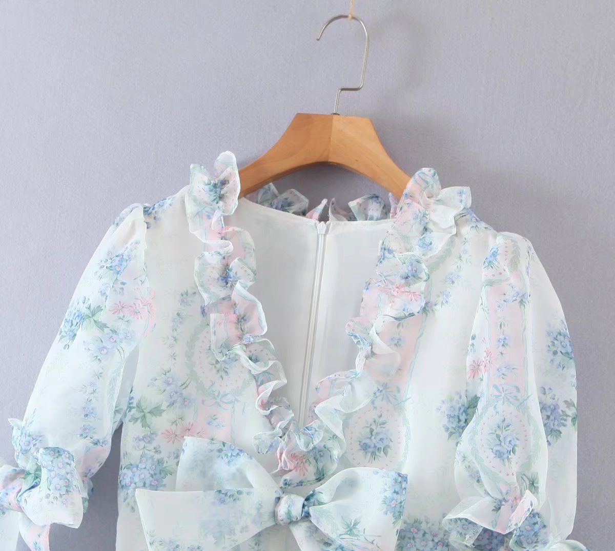 Floral Print Dress Bubble Sleeve Retro Princess Dress Spring Summer Wooden Ear Large Swing Women Dress Sheer Yvonne