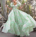 Organza Floral Print Dress Puff Sleeve Tight Waist Princess Dress Spring Summer Fresh Girl Maxi Dress Sheer Yvonne