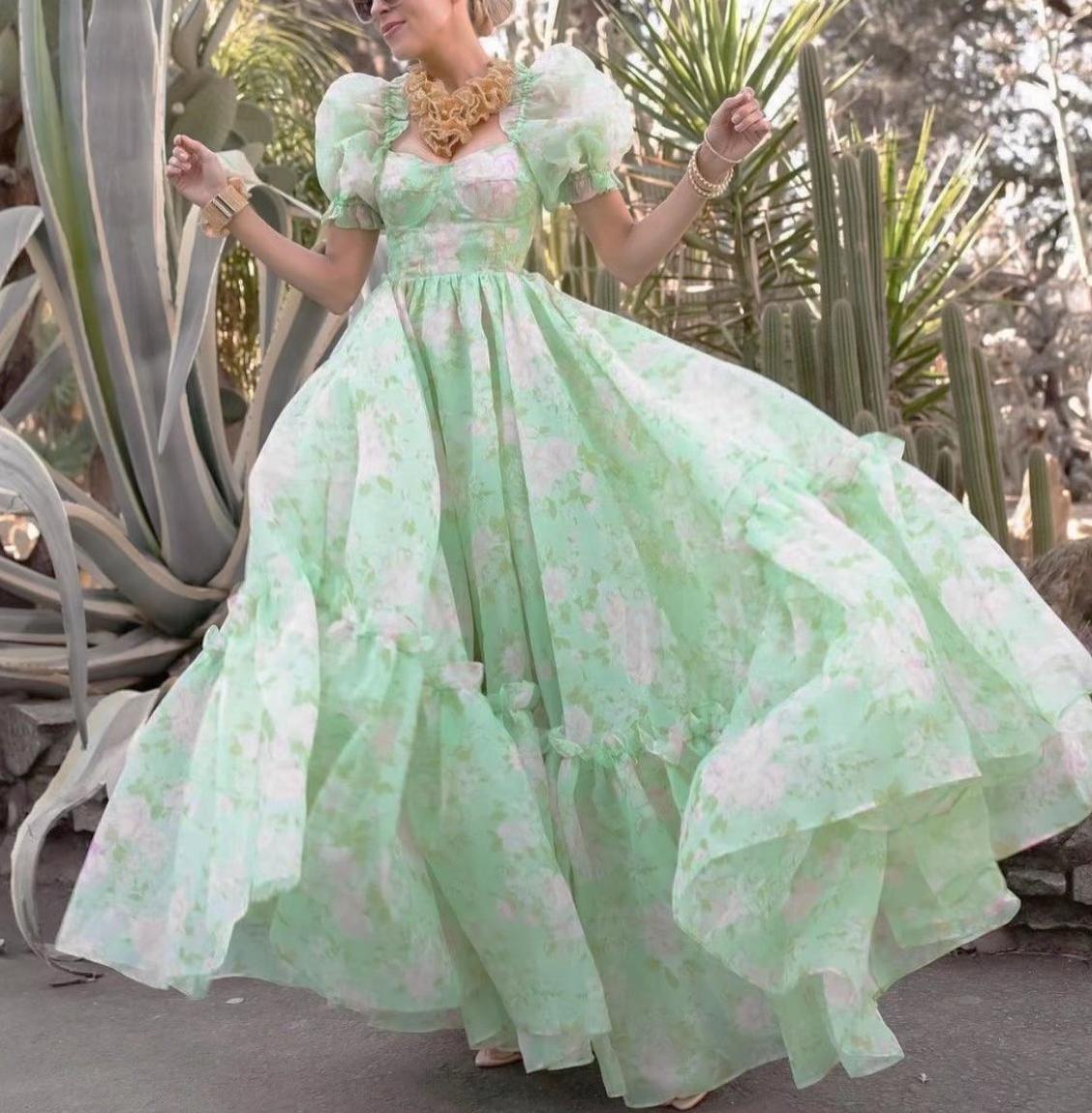 Organza Floral Print Dress Puff Sleeve Tight Waist Princess Dress Spring Summer Fresh Girl Maxi Dress Sheer Yvonne