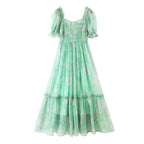 Organza Floral Print Dress Puff Sleeve Tight Waist Princess Dress Spring Summer Fresh Girl Maxi Dress Sheer Yvonne