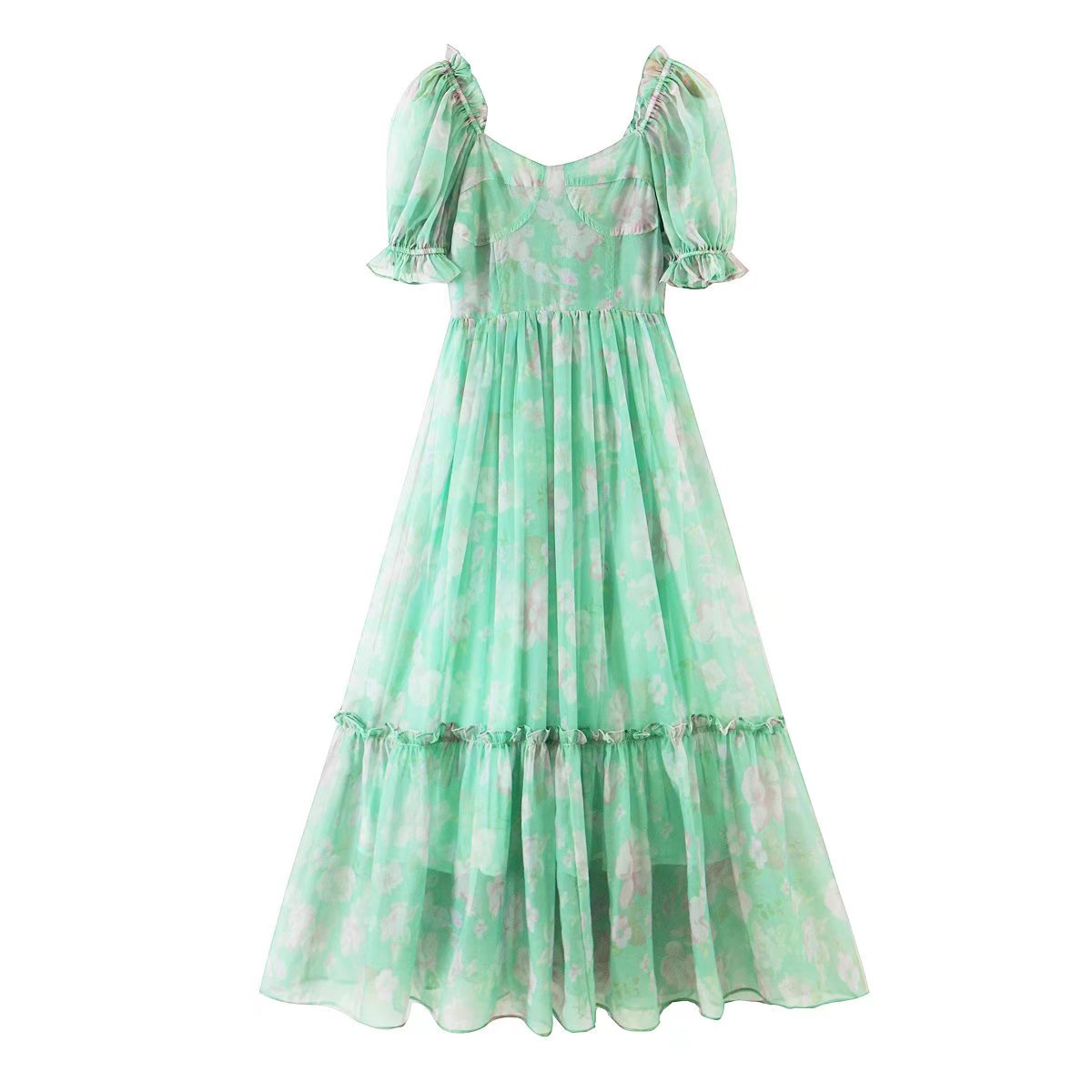 Organza Floral Print Dress Puff Sleeve Tight Waist Princess Dress Spring Summer Fresh Girl Maxi Dress Sheer Yvonne