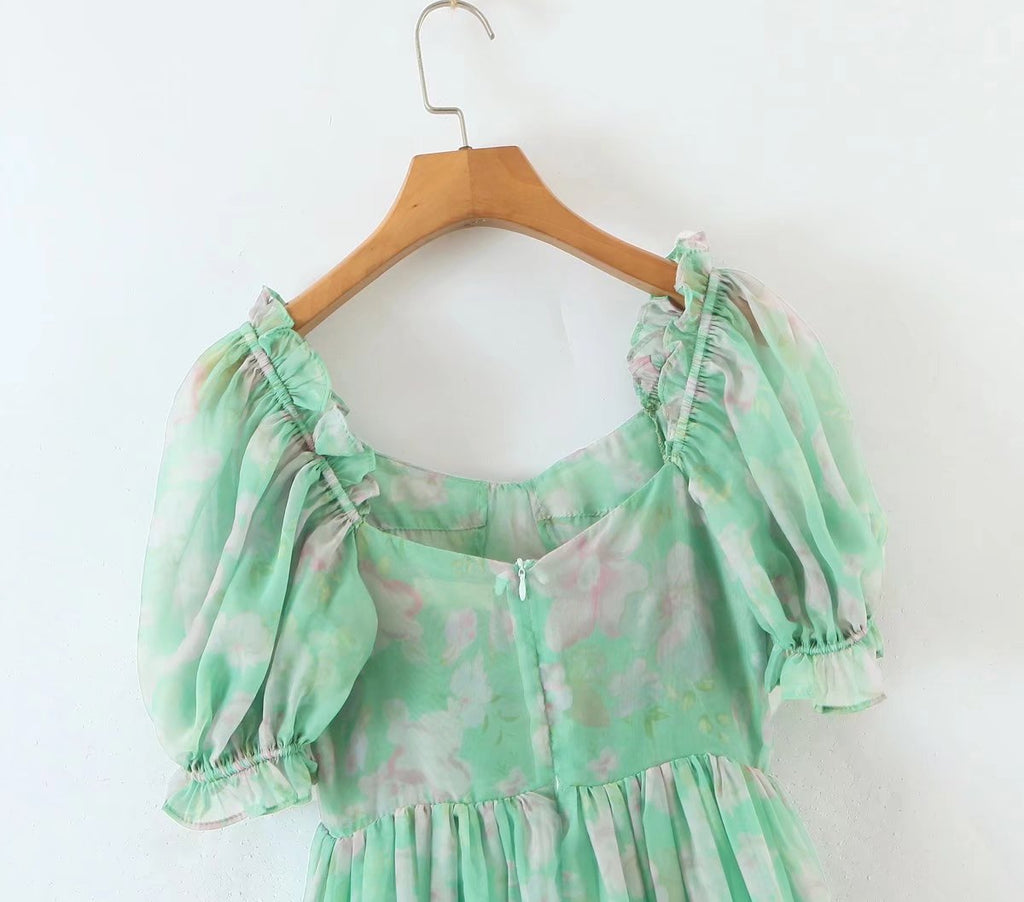 Organza Floral Print Dress Puff Sleeve Tight Waist Princess Dress Spring Summer Fresh Girl Maxi Dress Sheer Yvonne