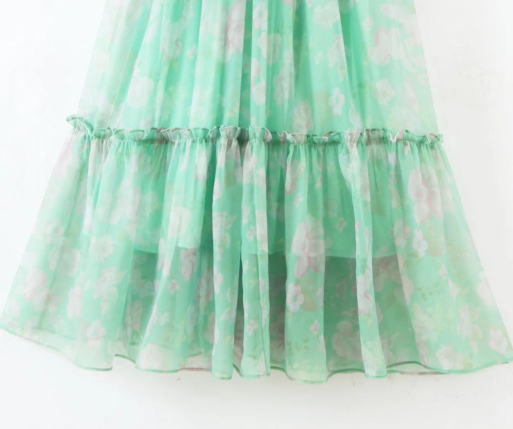 Organza Floral Print Dress Puff Sleeve Tight Waist Princess Dress Spring Summer Fresh Girl Maxi Dress Sheer Yvonne