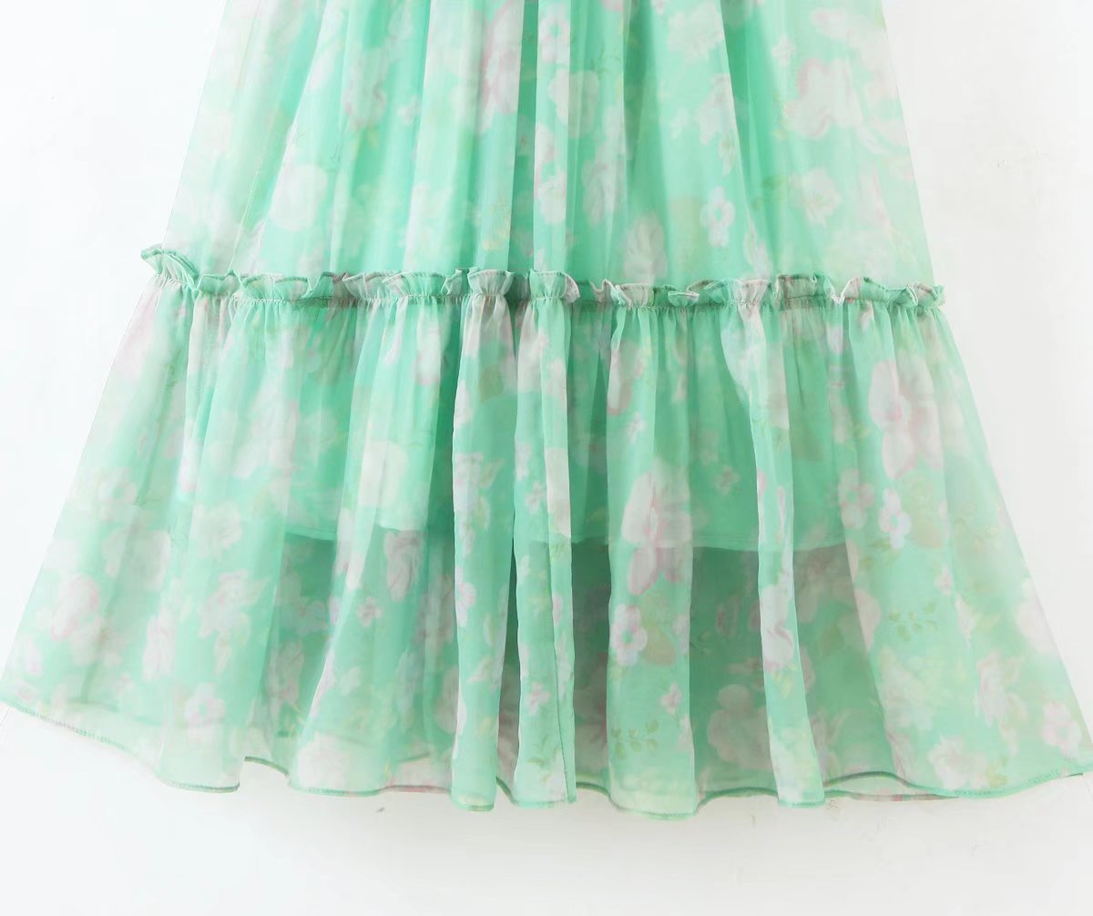 Organza Floral Print Dress Puff Sleeve Tight Waist Princess Dress Spring Summer Fresh Girl Maxi Dress Sheer Yvonne