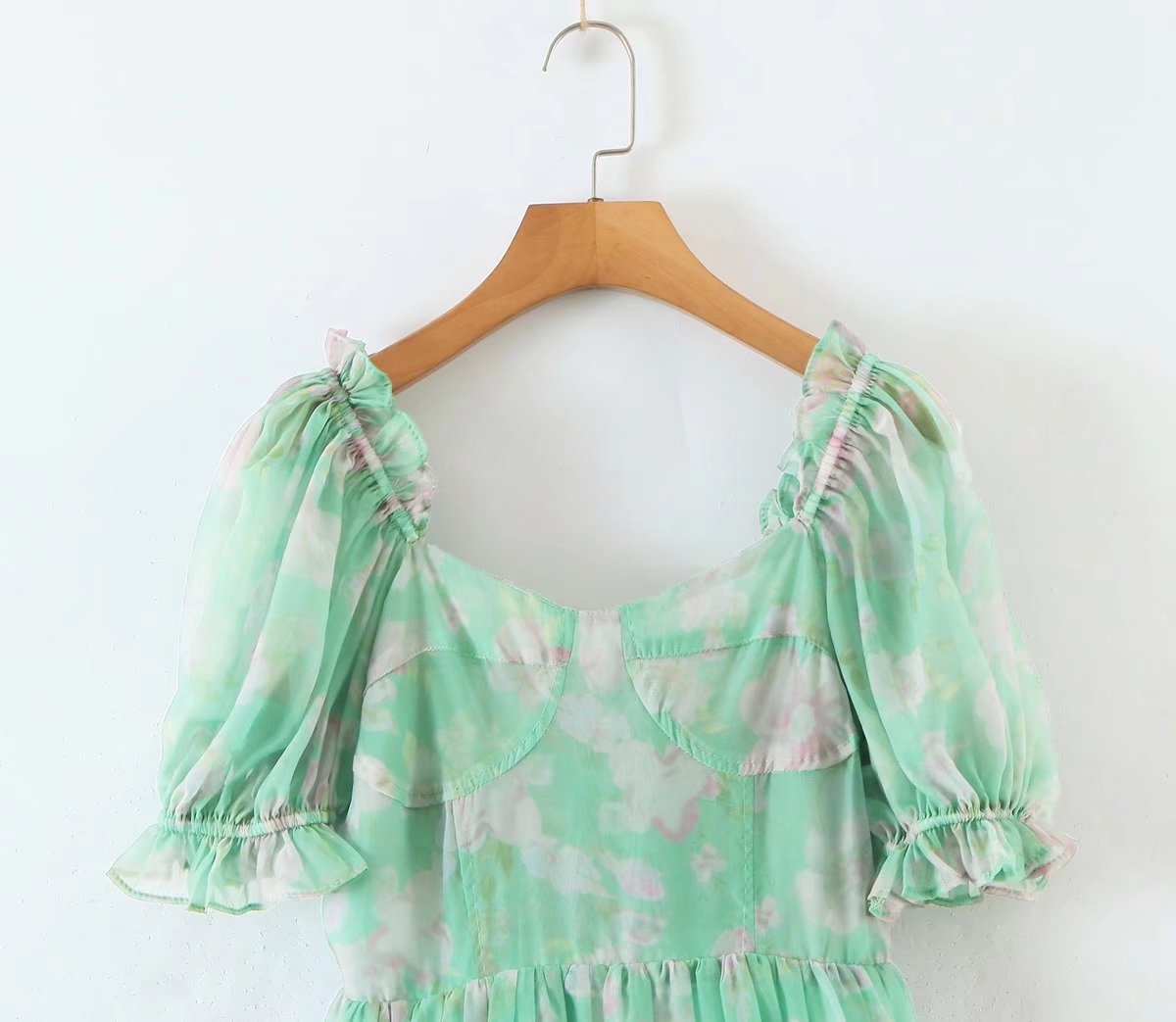 Organza Floral Print Dress Puff Sleeve Tight Waist Princess Dress Spring Summer Fresh Girl Maxi Dress Sheer Yvonne