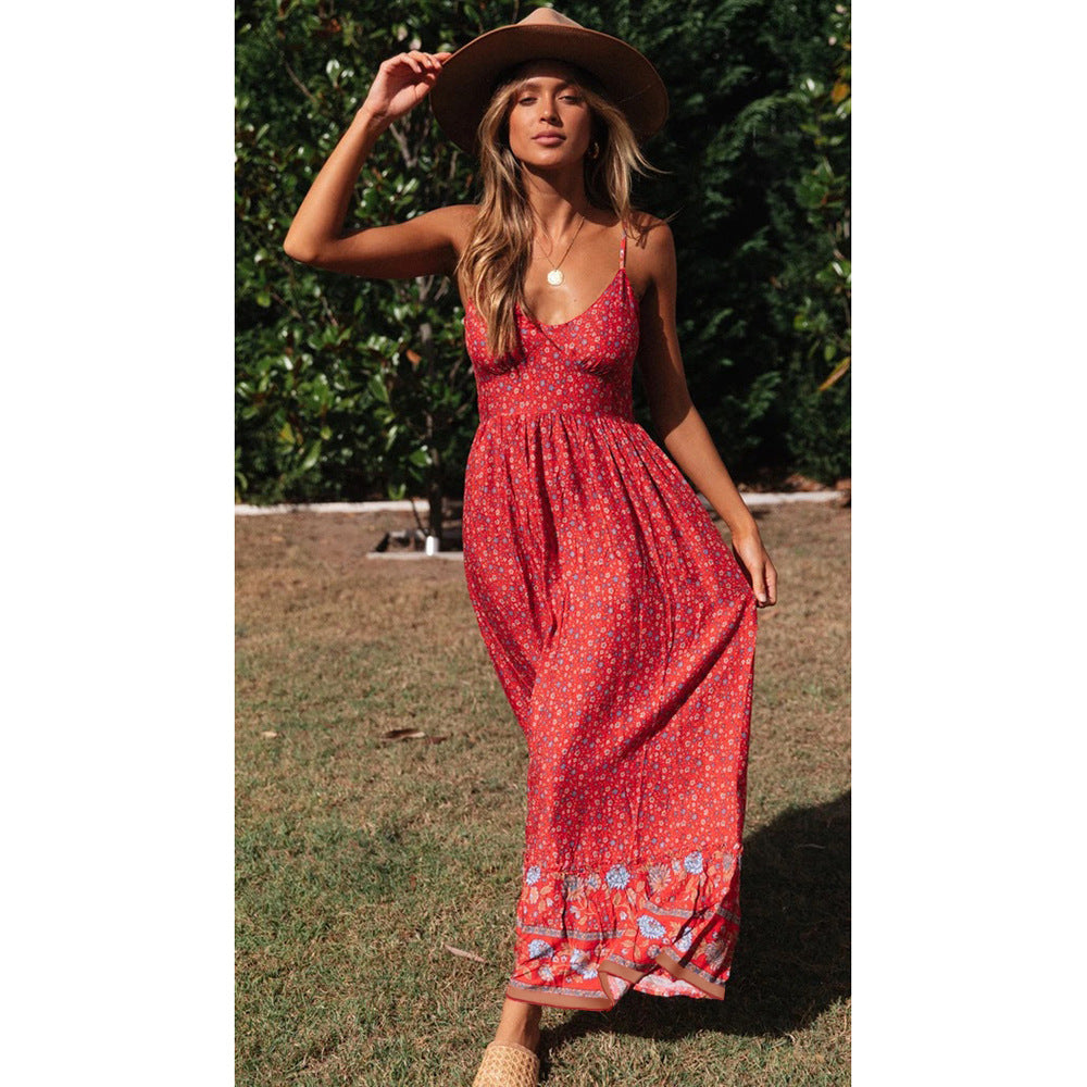 Summer Large Swing Women Clothing Bohemian V-neck Strap Floral Dress XYCS