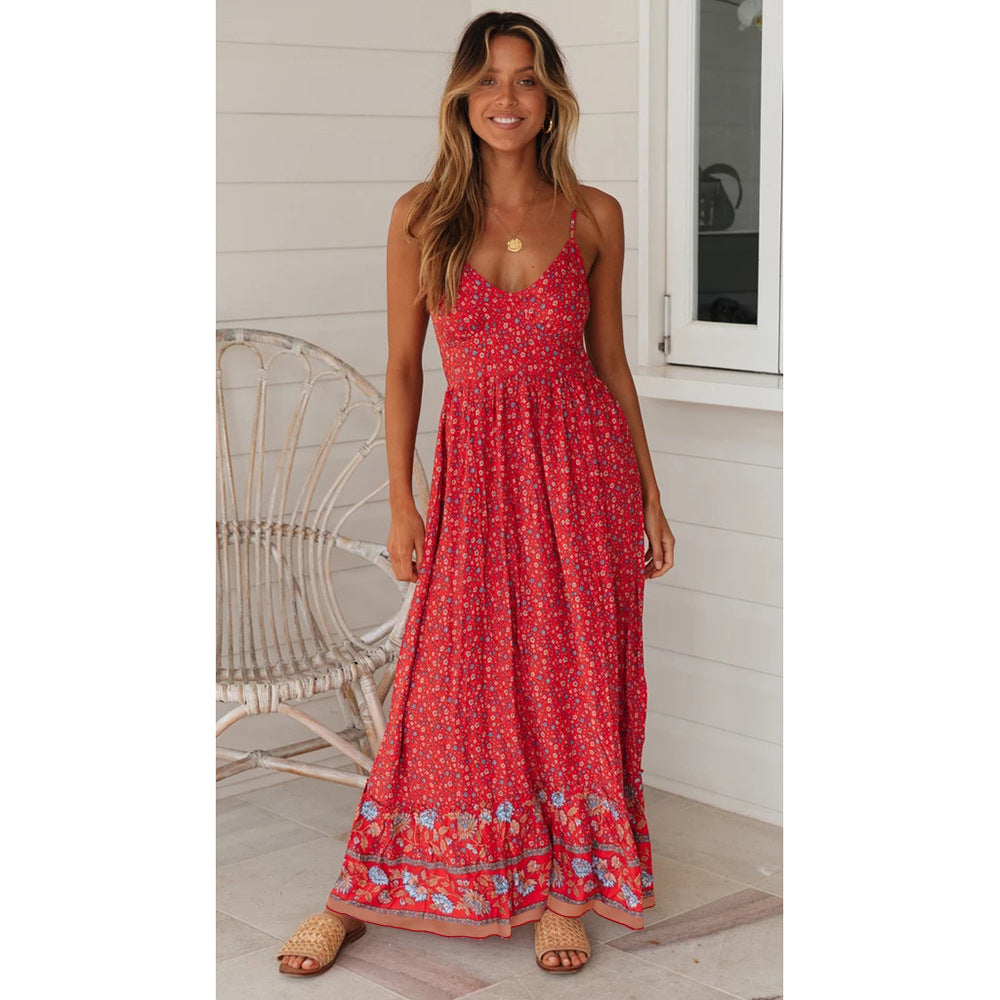 Summer Large Swing Women Clothing Bohemian V-neck Strap Floral Dress XYCS