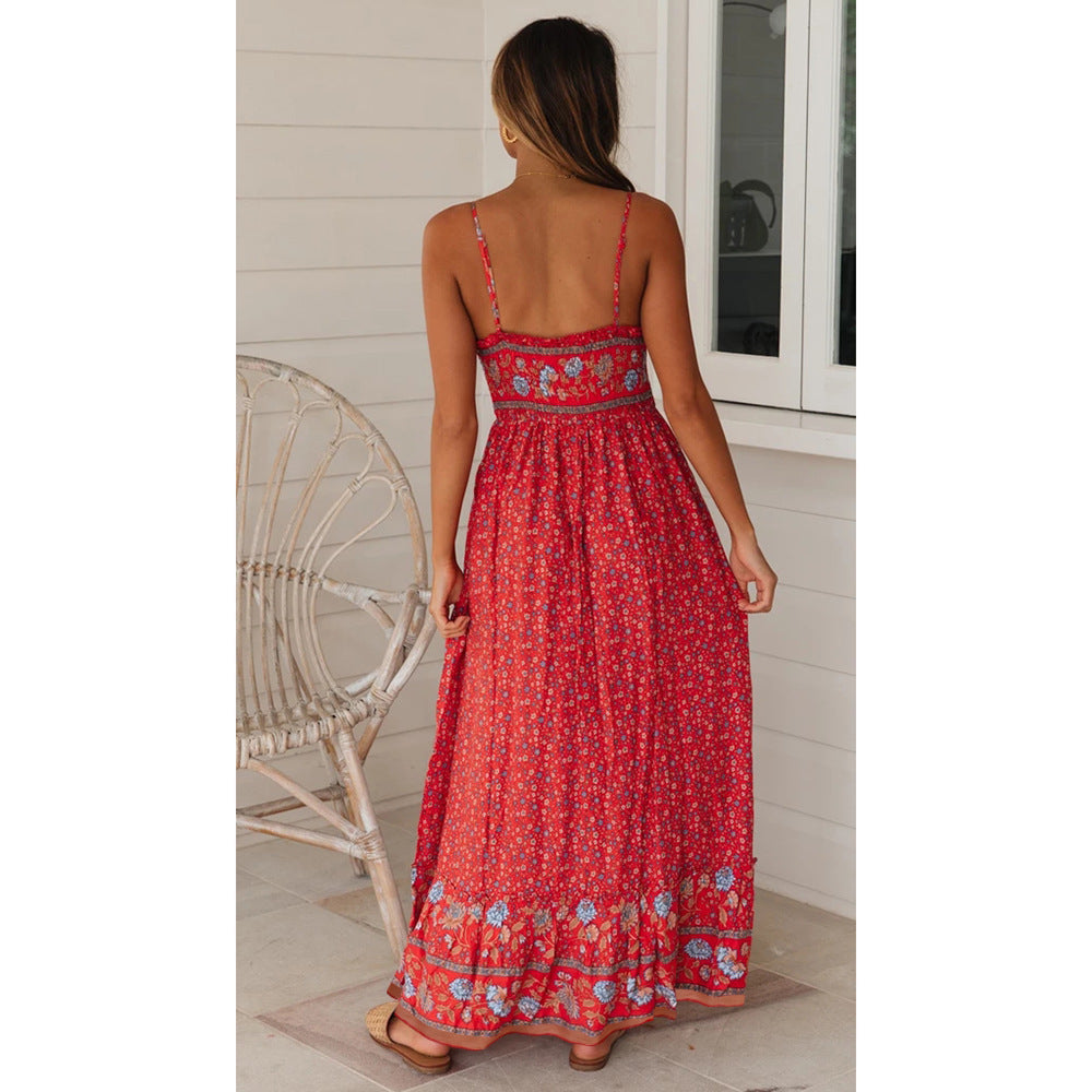 Summer Large Swing Women Clothing Bohemian V-neck Strap Floral Dress XYCS