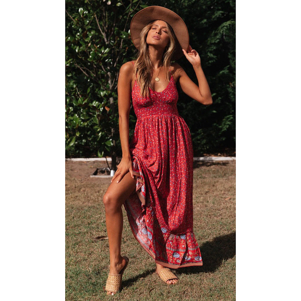 Summer Large Swing Women Clothing Bohemian V-neck Strap Floral Dress XYCS