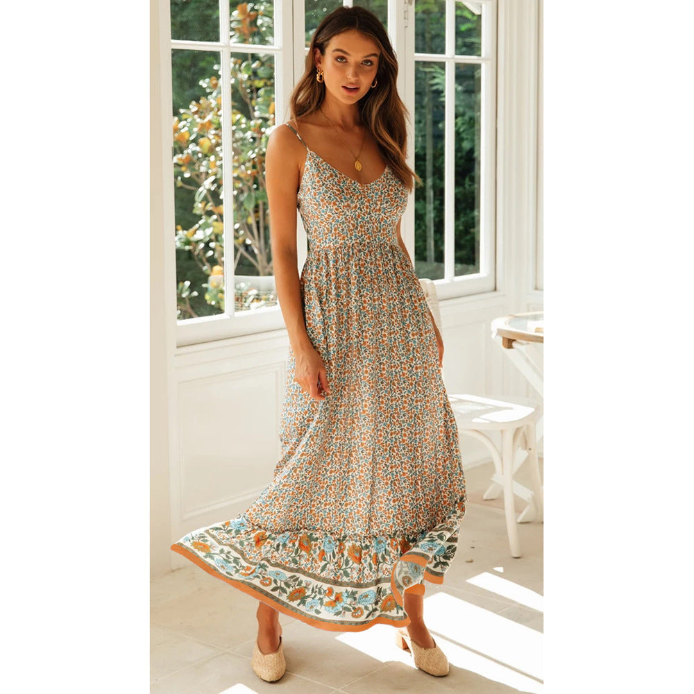 Summer Large Swing Women Clothing Bohemian V-neck Strap Floral Dress XYCS