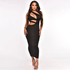 Women Clothing Slant Shoulder Asymmetric Sexy Slim Dress MOOYAA