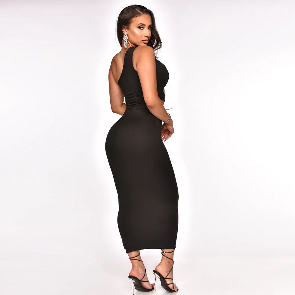 Women Clothing Slant Shoulder Asymmetric Sexy Slim Dress MOOYAA