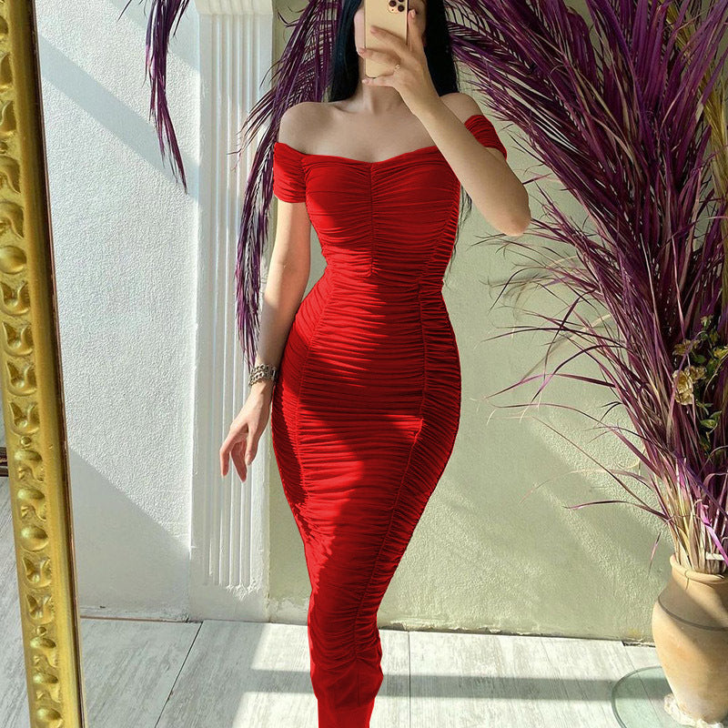 Solid Color Dress Elegant Summer Women Clothing off-Shoulder Pleated Dress Eping