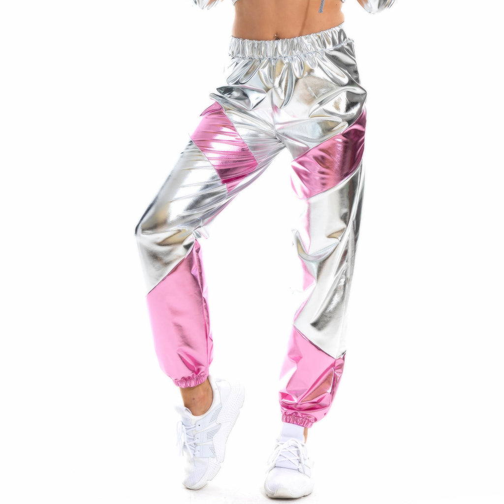 Pantalones de mujer holgados con bolsillos láser de colores contrastantes y charol color bronce