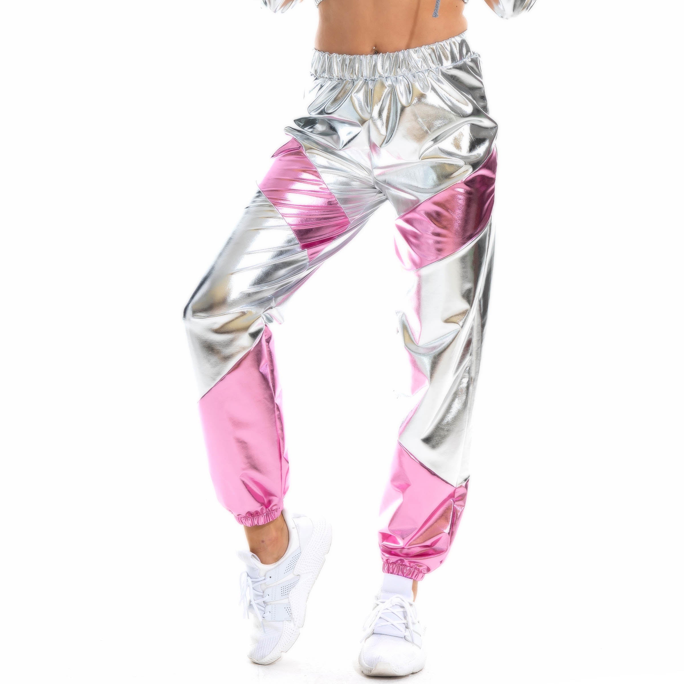 Pantalones de mujer holgados con bolsillos láser de colores contrastantes y charol color bronce