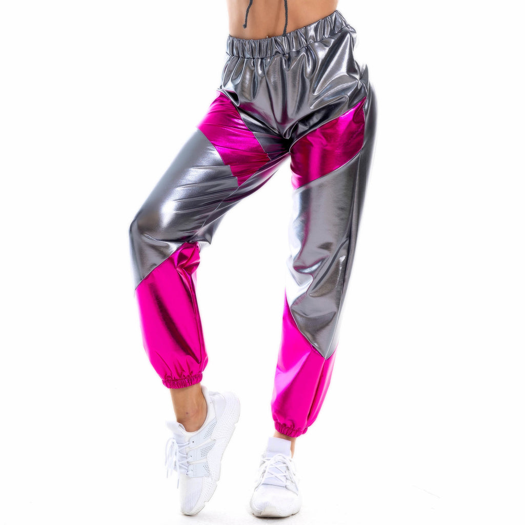Pantalones de mujer holgados con bolsillos láser de colores contrastantes y charol color bronce