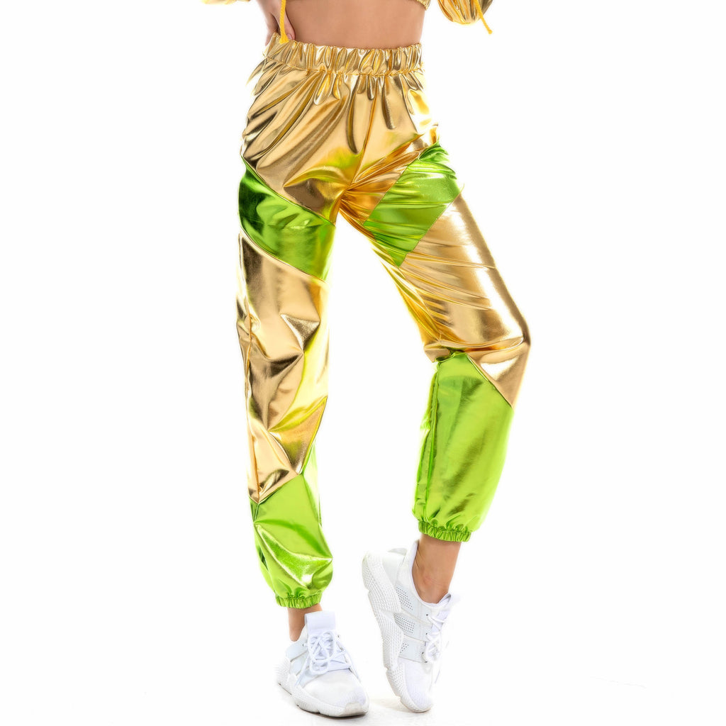 Pantalones de mujer holgados con bolsillos láser de colores contrastantes y charol color bronce