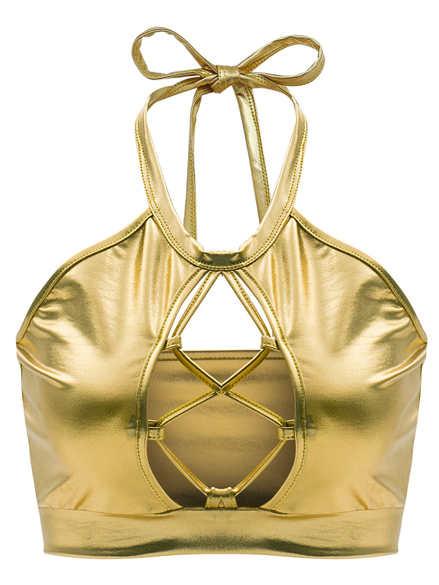 Chaleco de verano sexy ajustado con tirantes finos y cuello halter con aberturas y recortes de cuero brillante para mujer