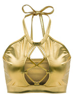 Chaleco de verano sexy ajustado con tirantes finos y cuello halter con aberturas y recortes de cuero brillante para mujer