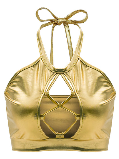 Chaleco de verano sexy ajustado con tirantes finos y cuello halter con aberturas y recortes de cuero brillante para mujer