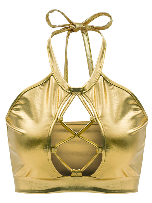 Chaleco de verano sexy ajustado con tirantes finos y cuello halter con aberturas y recortes de cuero brillante para mujer