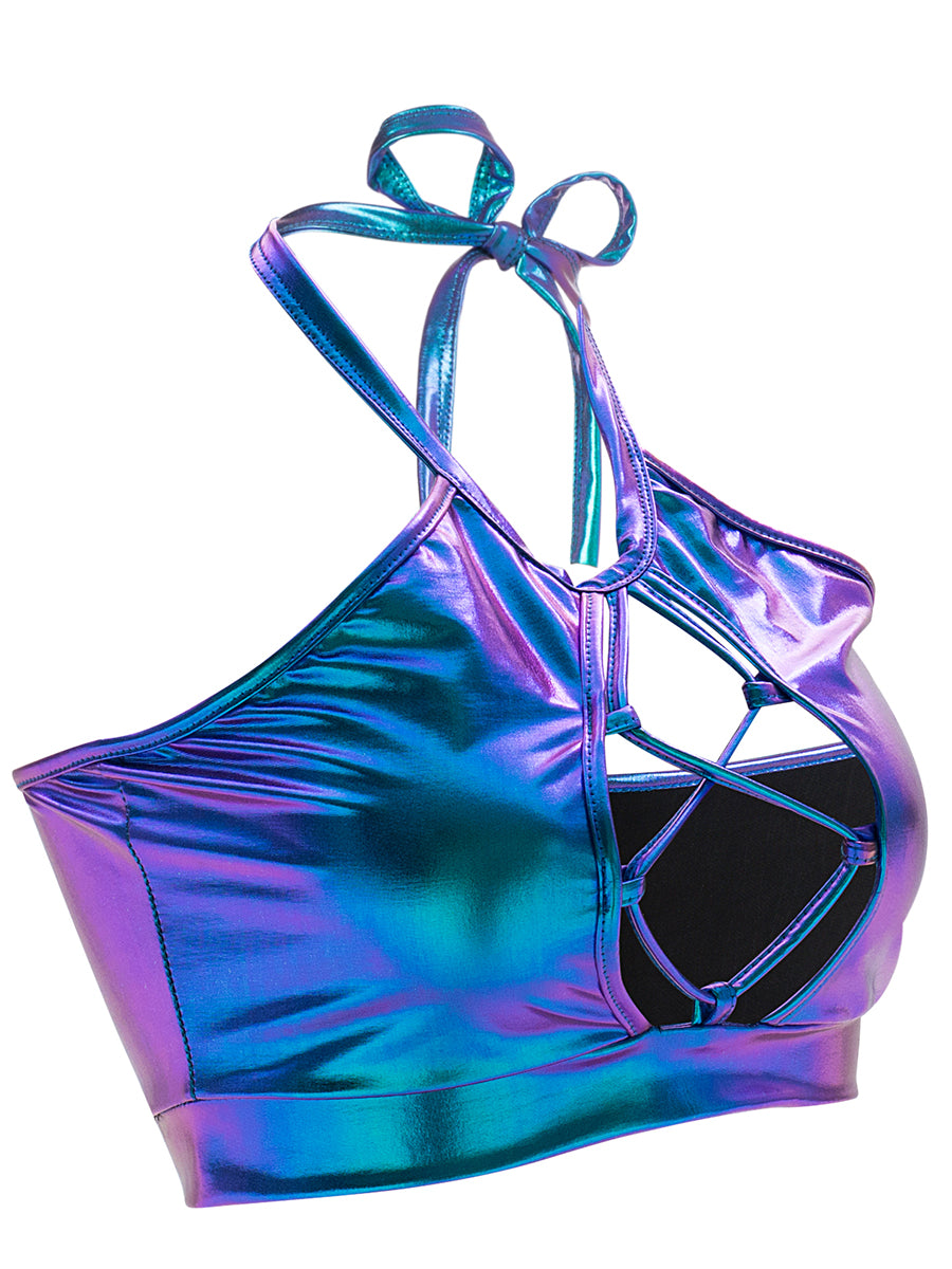 Chaleco de verano sexy ajustado con tirantes finos y cuello halter con aberturas y recortes de cuero brillante para mujer