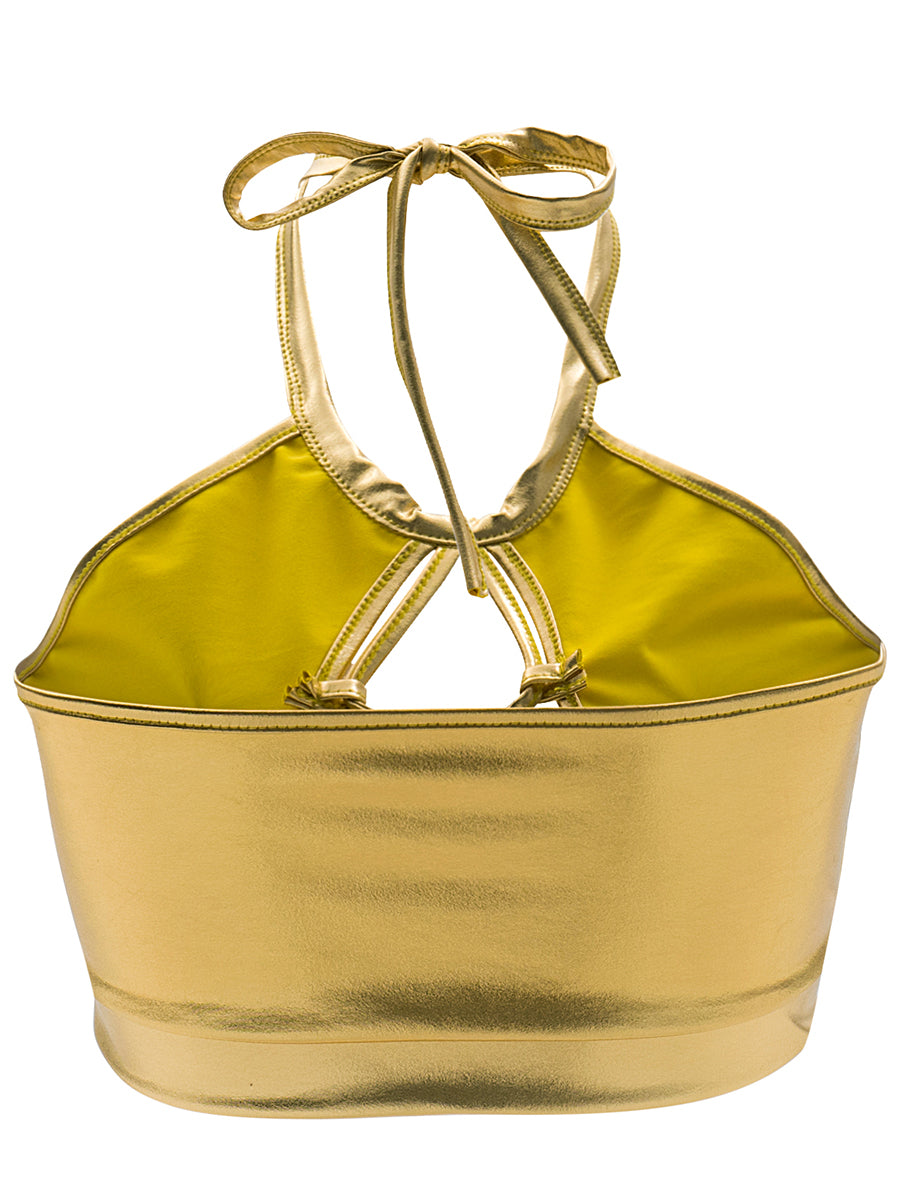 Chaleco de verano sexy ajustado con tirantes finos y cuello halter con aberturas y recortes de cuero brillante para mujer