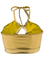 Chaleco de verano sexy ajustado con tirantes finos y cuello halter con aberturas y recortes de cuero brillante para mujer