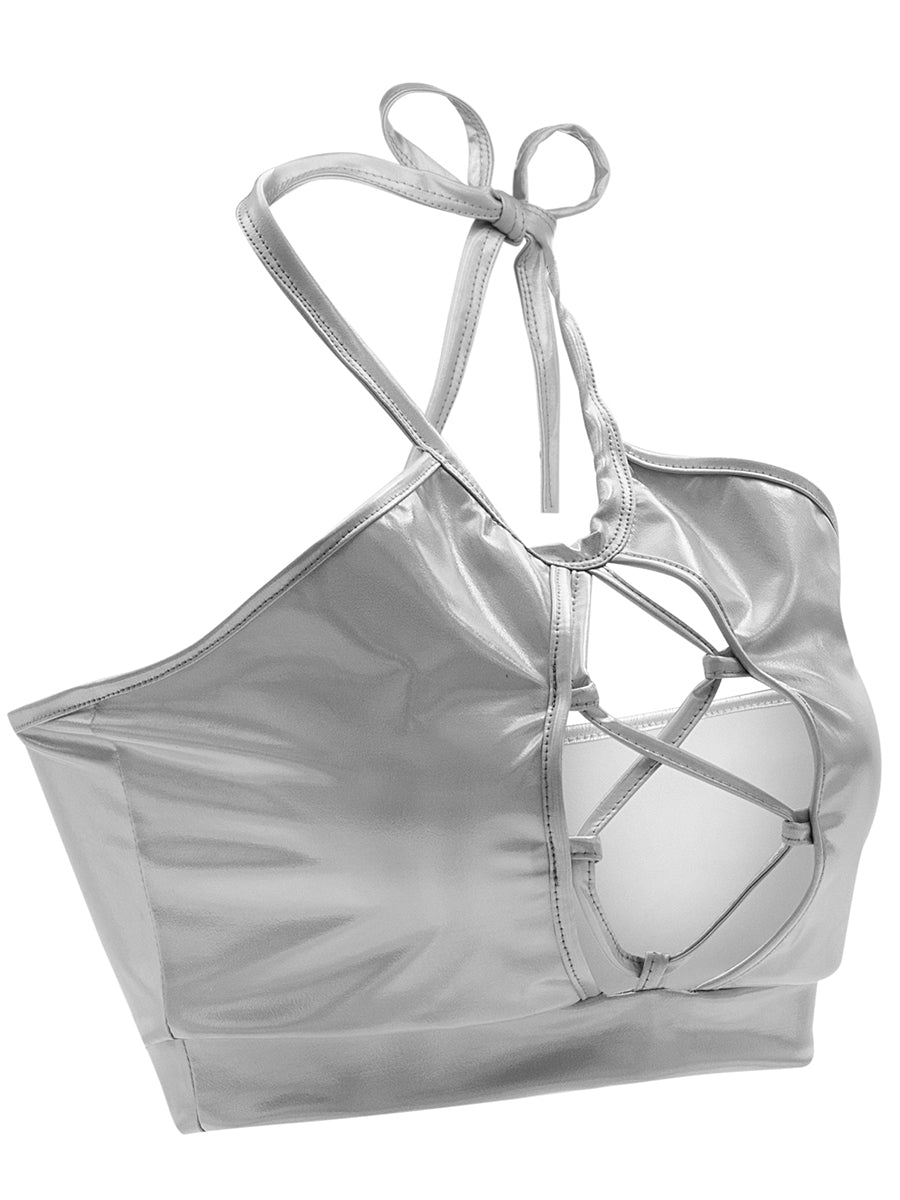 Chaleco de verano sexy ajustado con tirantes finos y cuello halter con aberturas y recortes de cuero brillante para mujer
